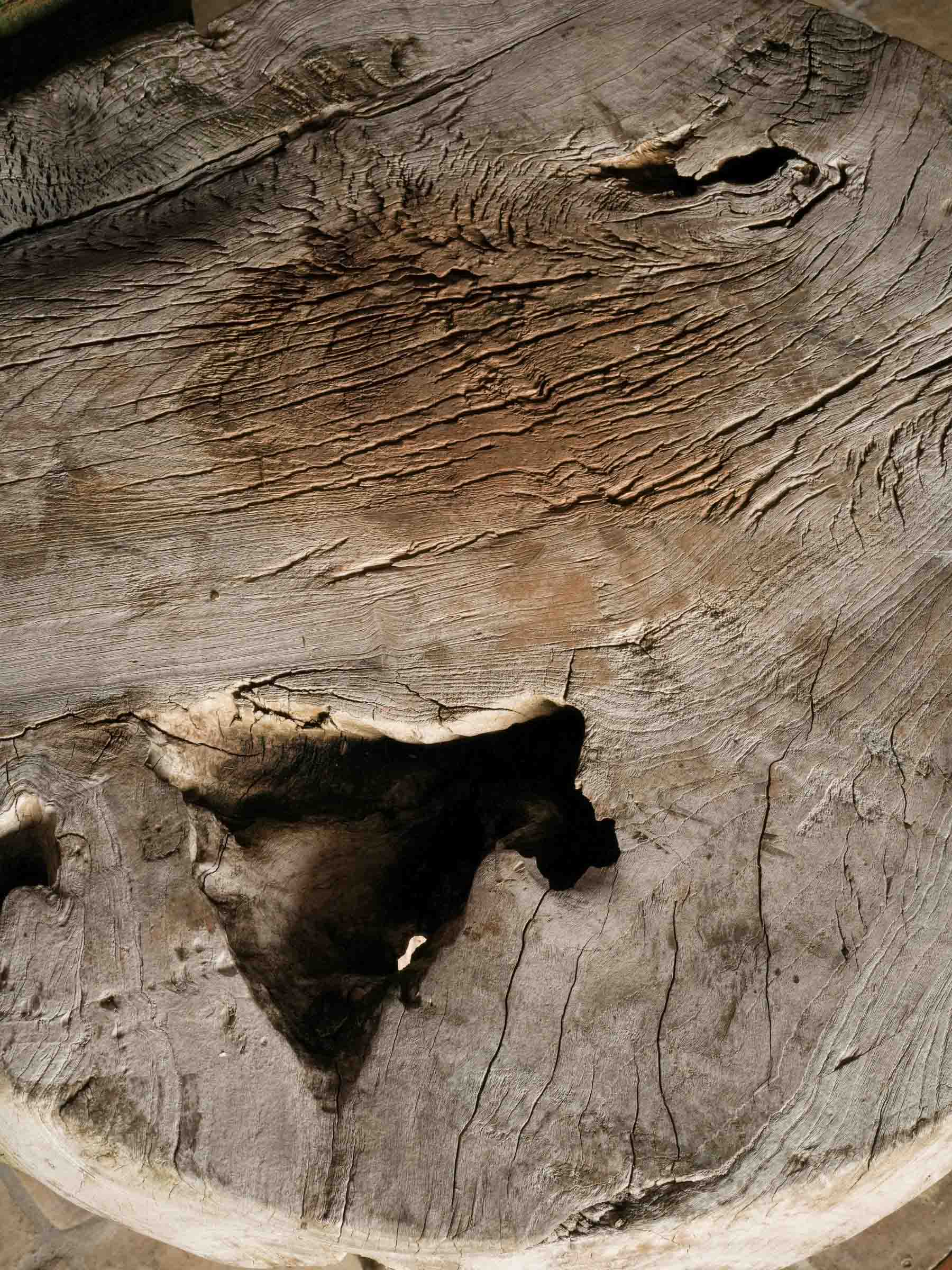 Naturalistic Driftwood Table and Three-Stool Ensemble, 20th Century.