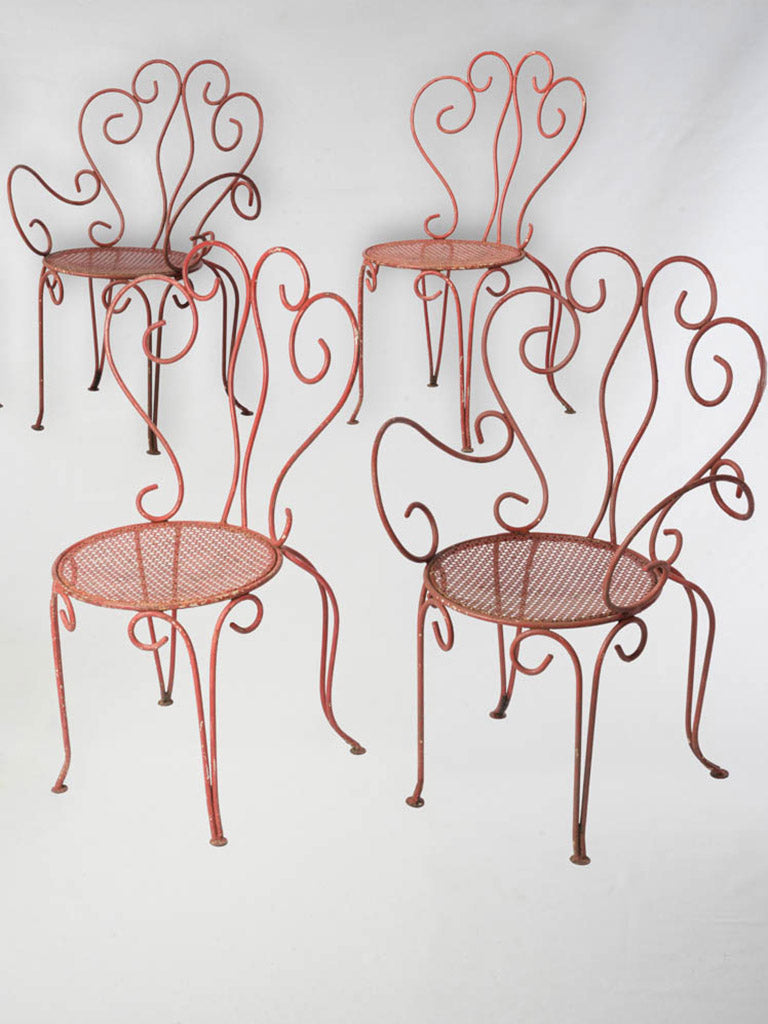 Set of Four Mid-Century French Wrought Iron Garden Seats in Red - Two Chairs & Two Armchairs