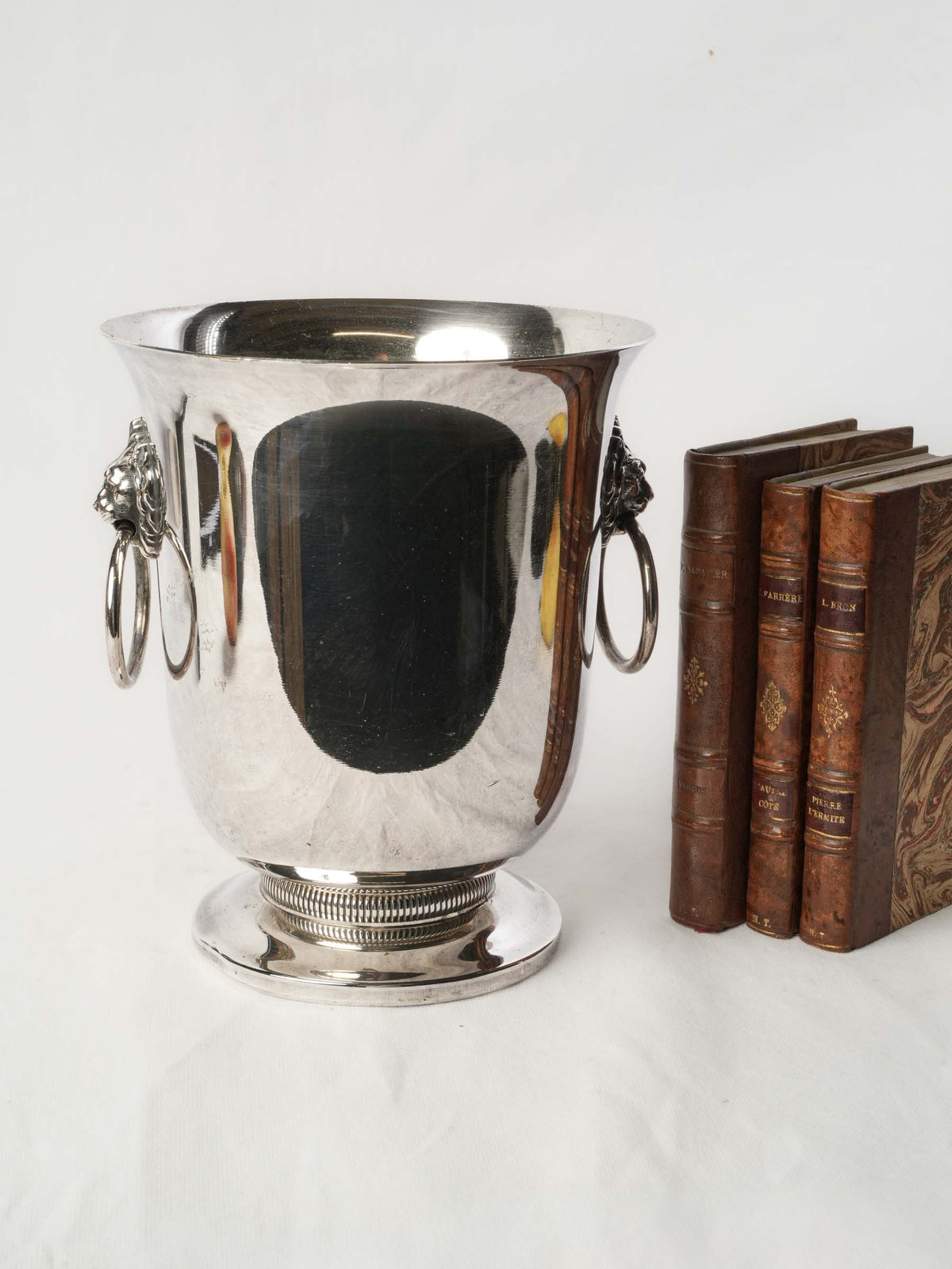 French Mid-20th-Century Silvered-Metal Cooler w/ Lion-Mask Ring Handles - 9½"