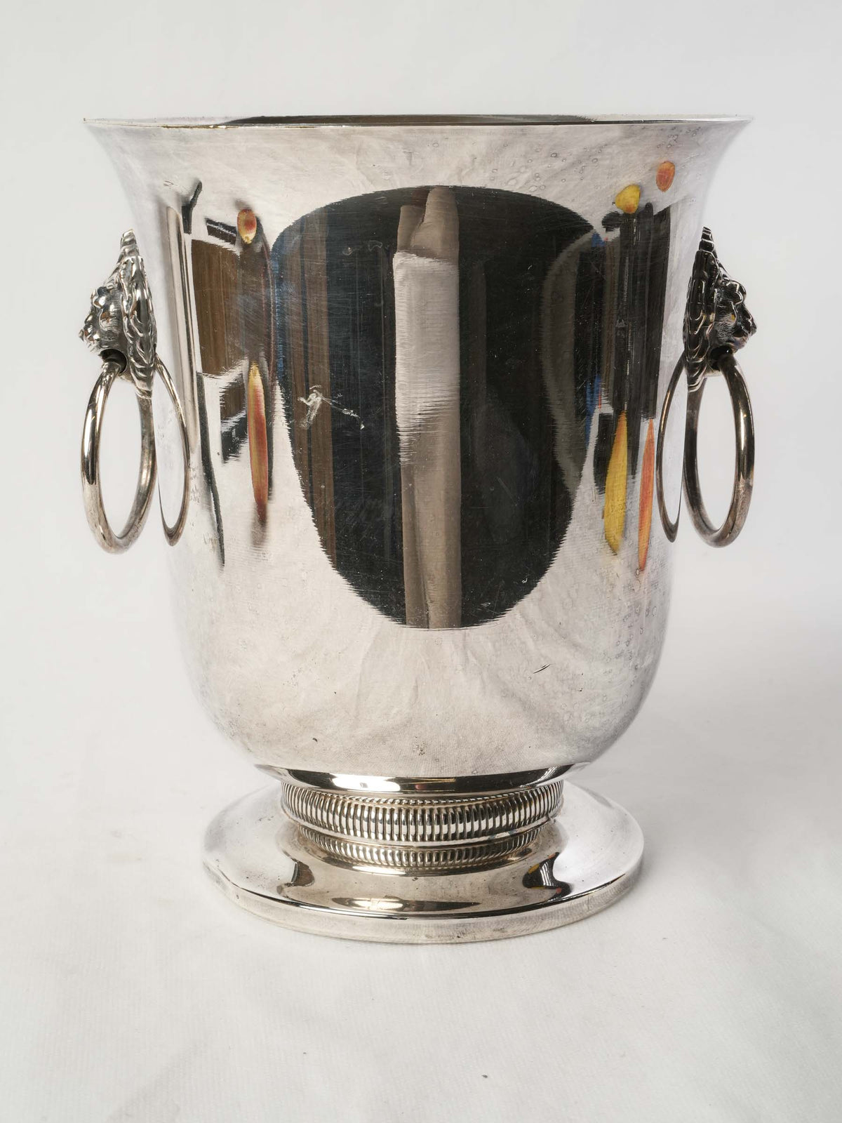 French Mid-20th-Century Silvered-Metal Cooler w/ Lion-Mask Ring Handles - 9½"