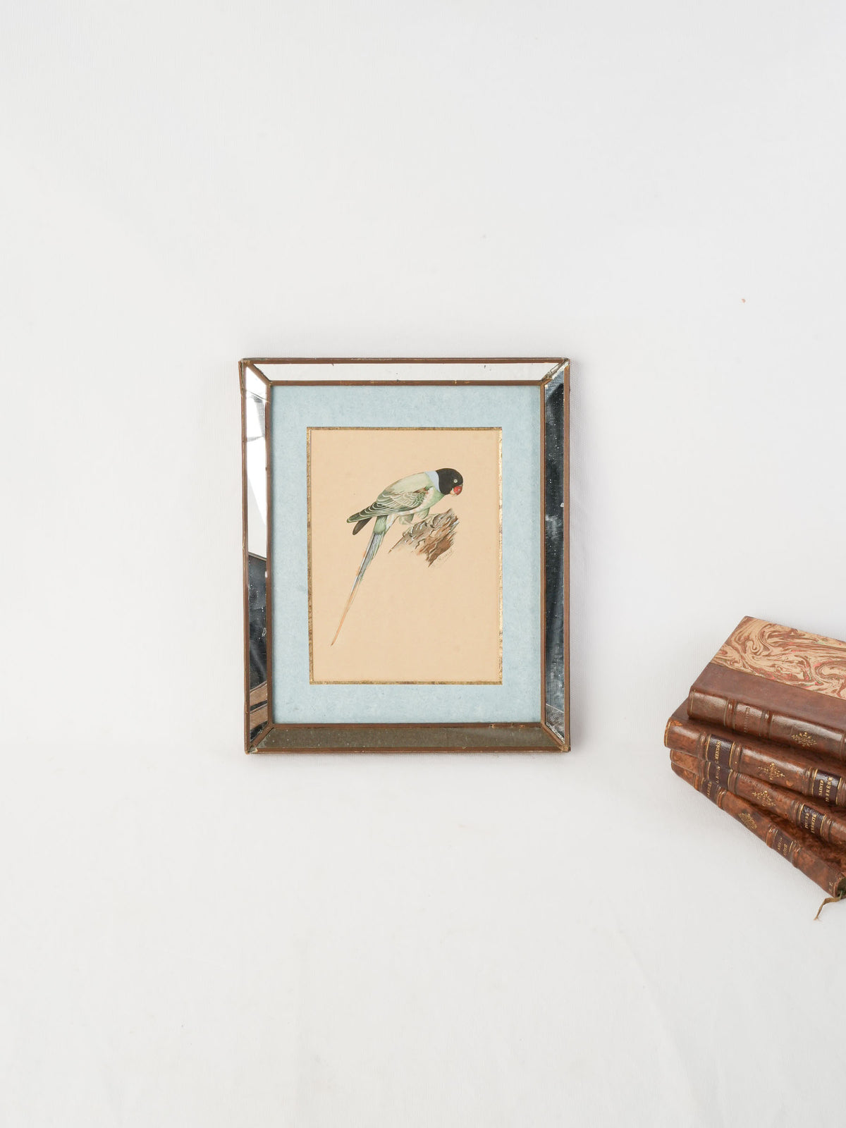 Small Signed Gouache of a Parakeet in a Mirrored Frame, c.1930s-1950s - 11¾" x 9¾"