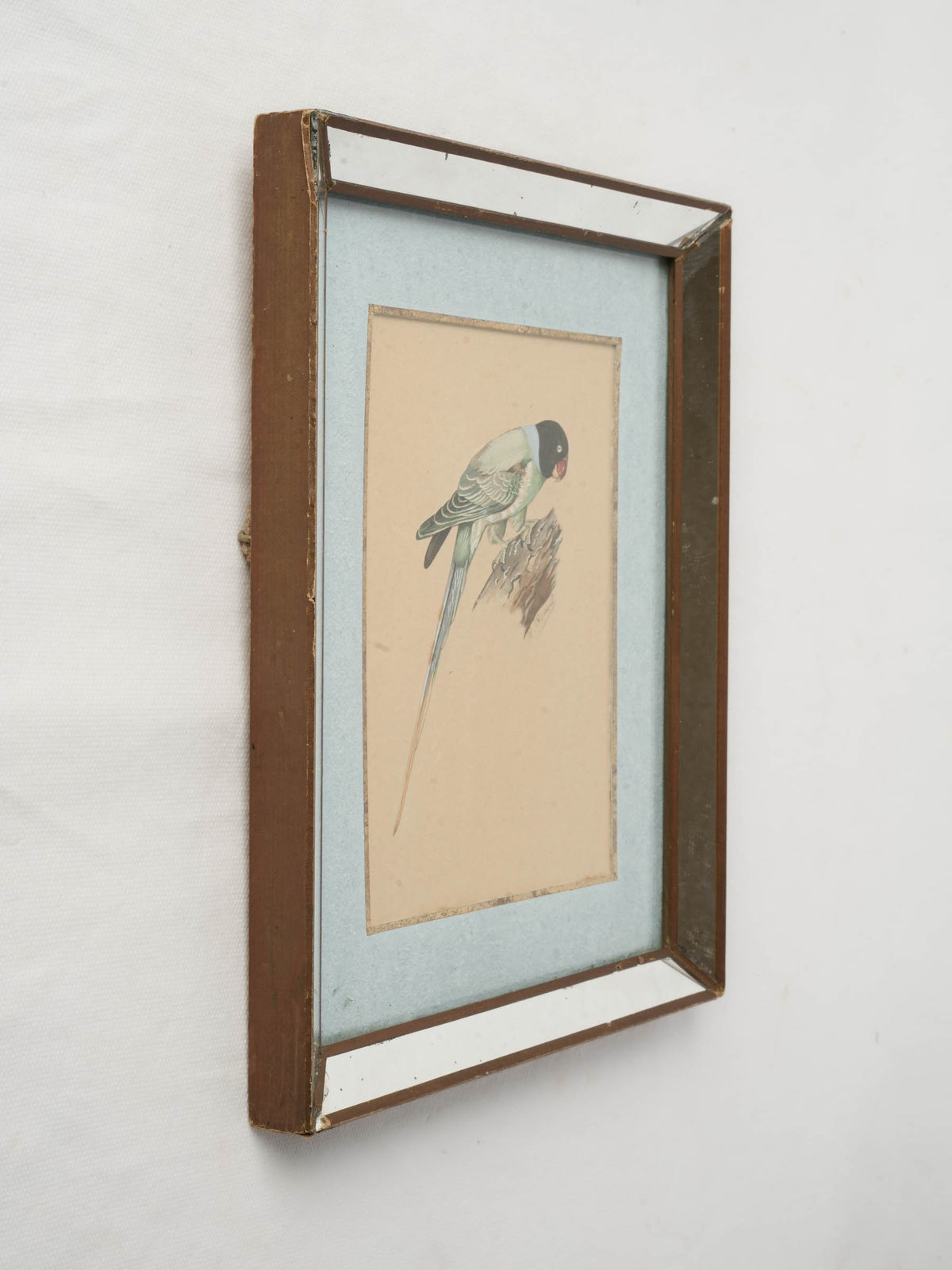 Small Signed Gouache of a Parakeet in a Mirrored Frame, c.1930s-1950s - 11¾" x 9¾"