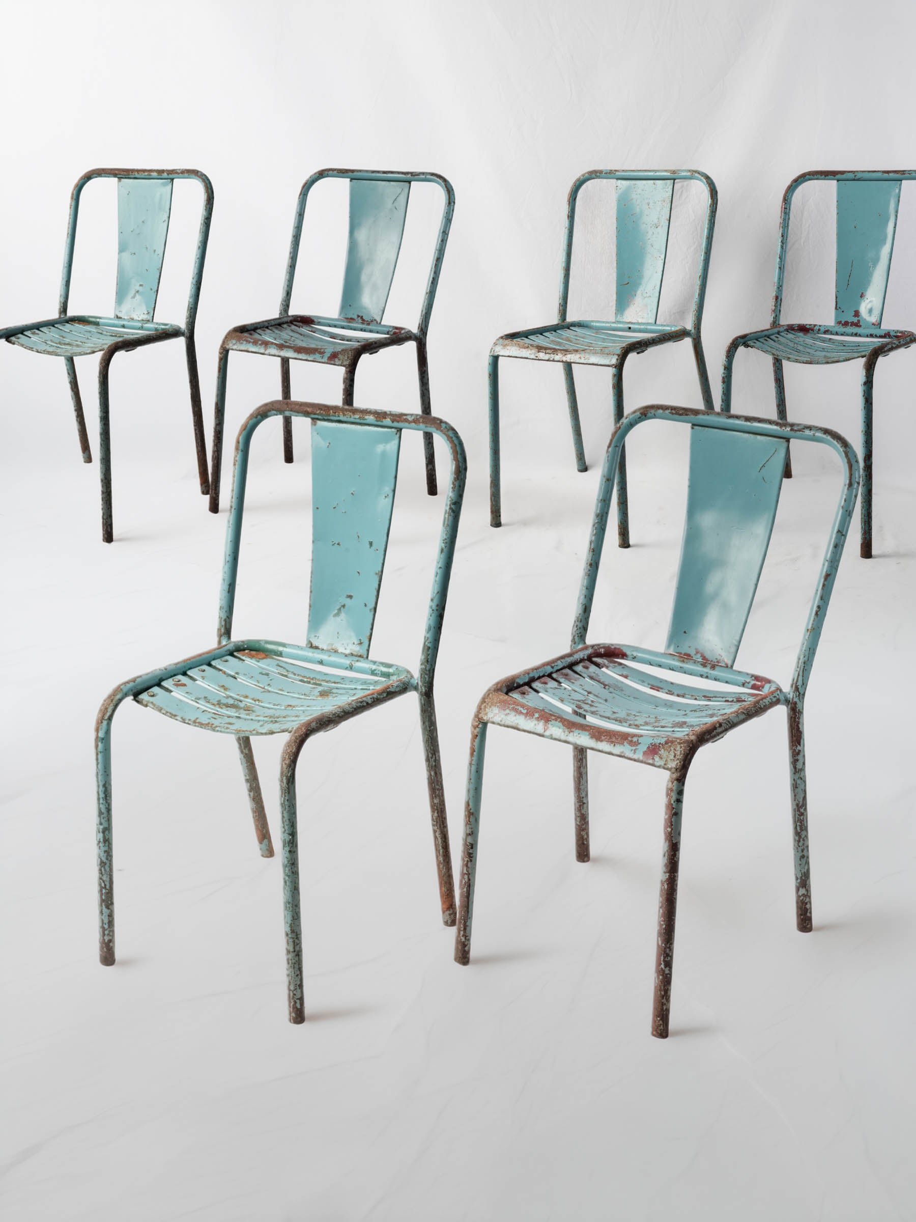 Set of Six Tolix T4 Stacking Garden Chairs by Xavier Pauchard Mid 20th Century in Turquoise Blue