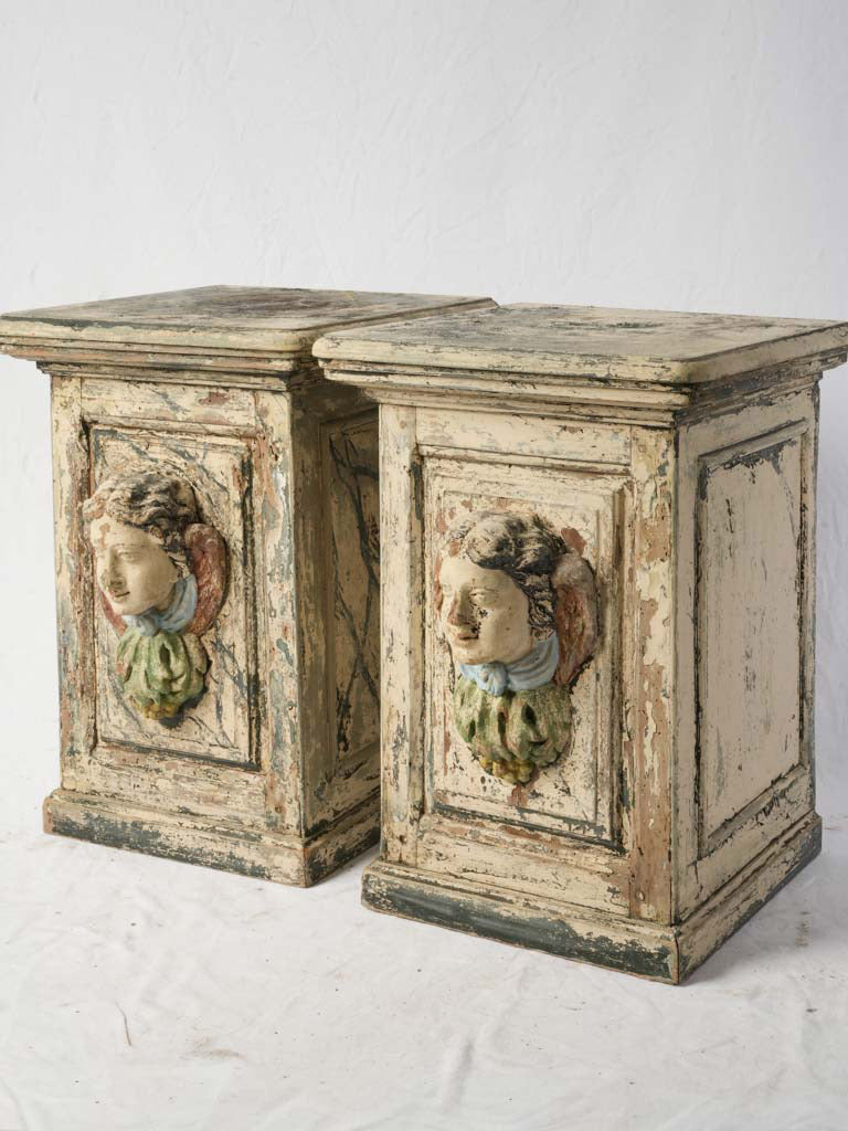 Pair of French Polychrom Wooden Pedestals w/ Cherubs circa 1940s - 24½"