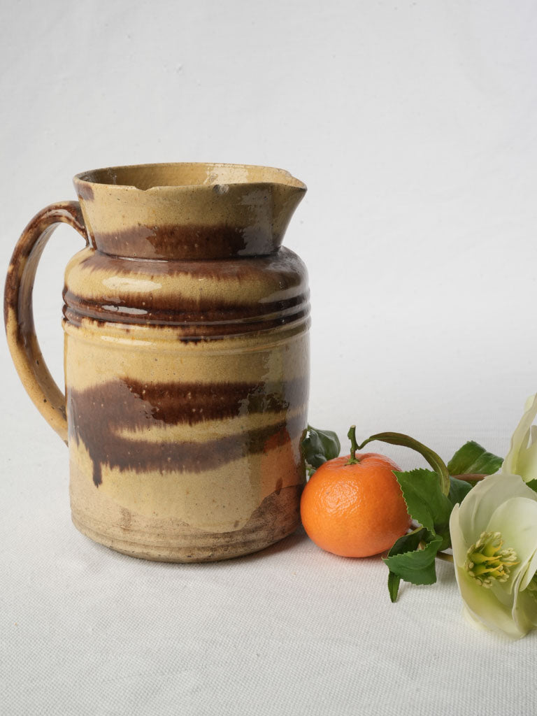 Early 20th Century Dieulefit Hand-Thrown French Pitcher w/ Expressive Brown Banding - 7"