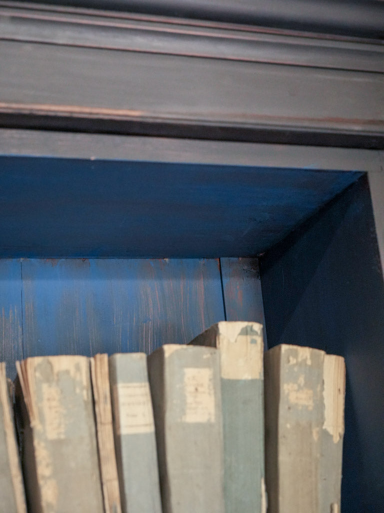 Compact Painted Bookcase w/ Glass Doors in Blue & Black c. 1880 - 78¼" x 47¼"