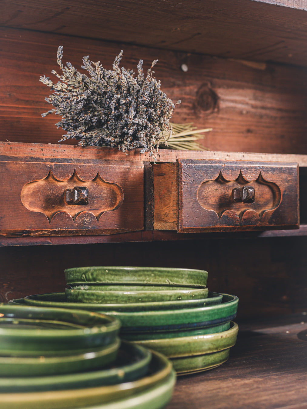 Handcrafted green ceramic kitchen set