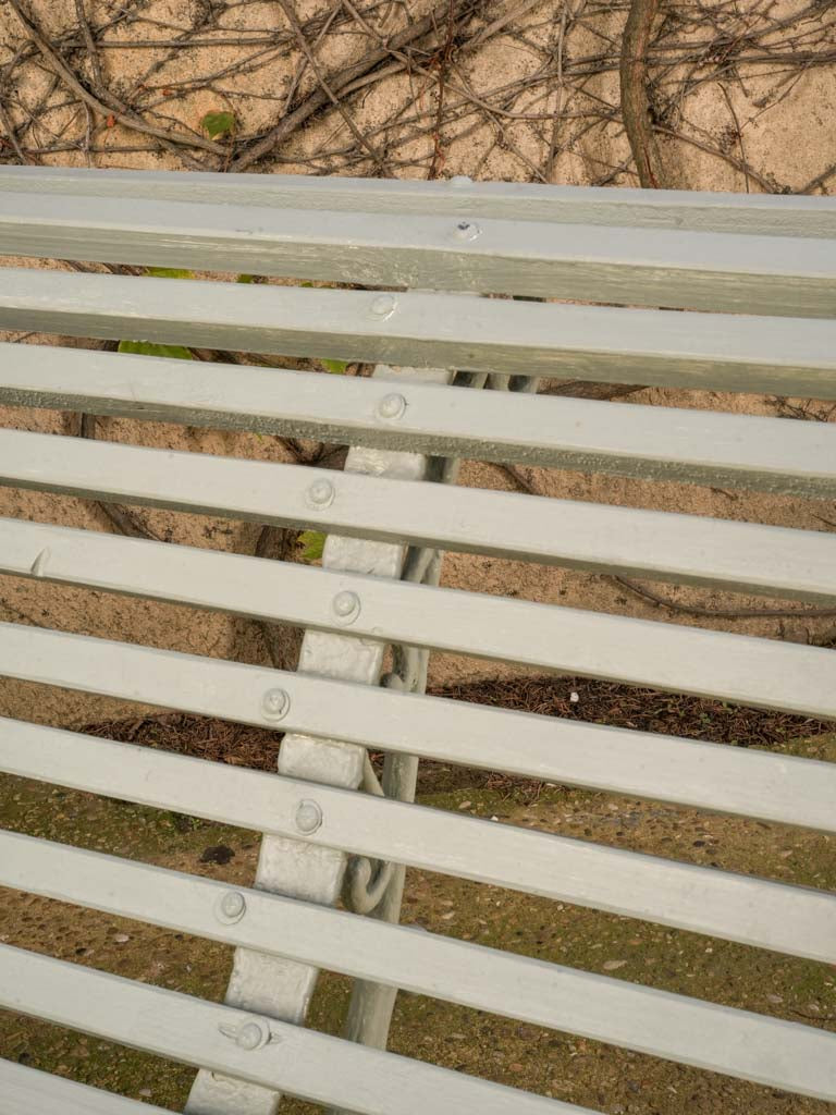 Antique French Wooden Slat & Cast Iron Garden Bench in Sage Green Finish - 82¼"