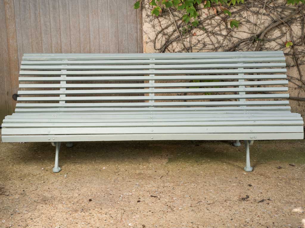 Antique French Wooden Slat & Cast Iron Garden Bench in Sage Green Finish - 82¼"