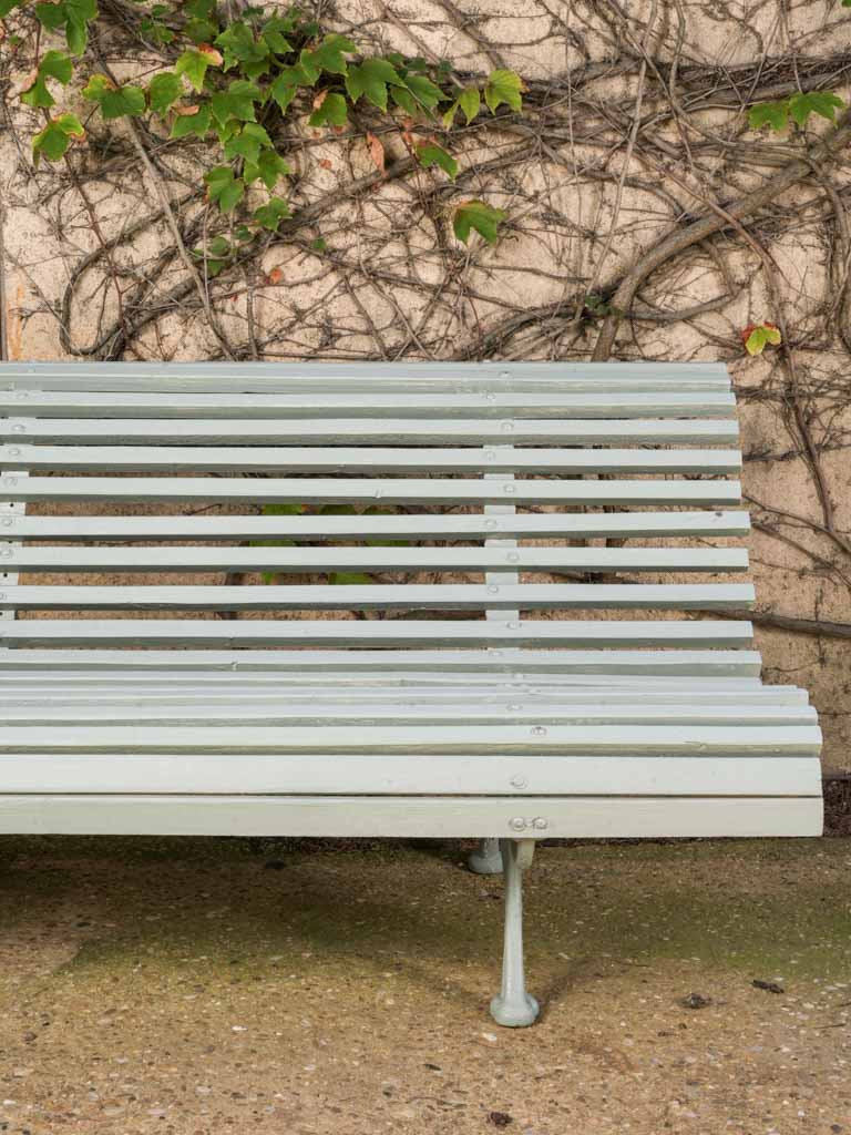 Antique French Wooden Slat & Cast Iron Garden Bench in Sage Green Finish - 82¼"