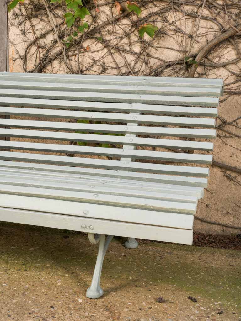 Antique French Wooden Slat & Cast Iron Garden Bench in Sage Green Finish - 82¼"