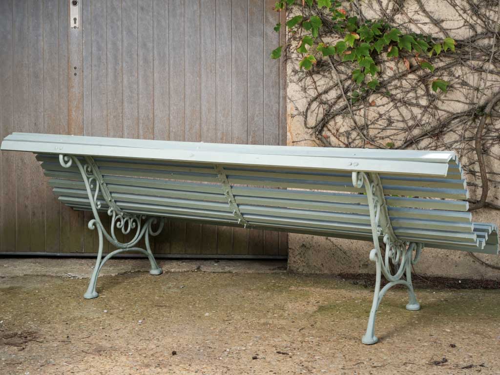Antique French Wooden Slat & Cast Iron Garden Bench in Sage Green Finish - 82¼"