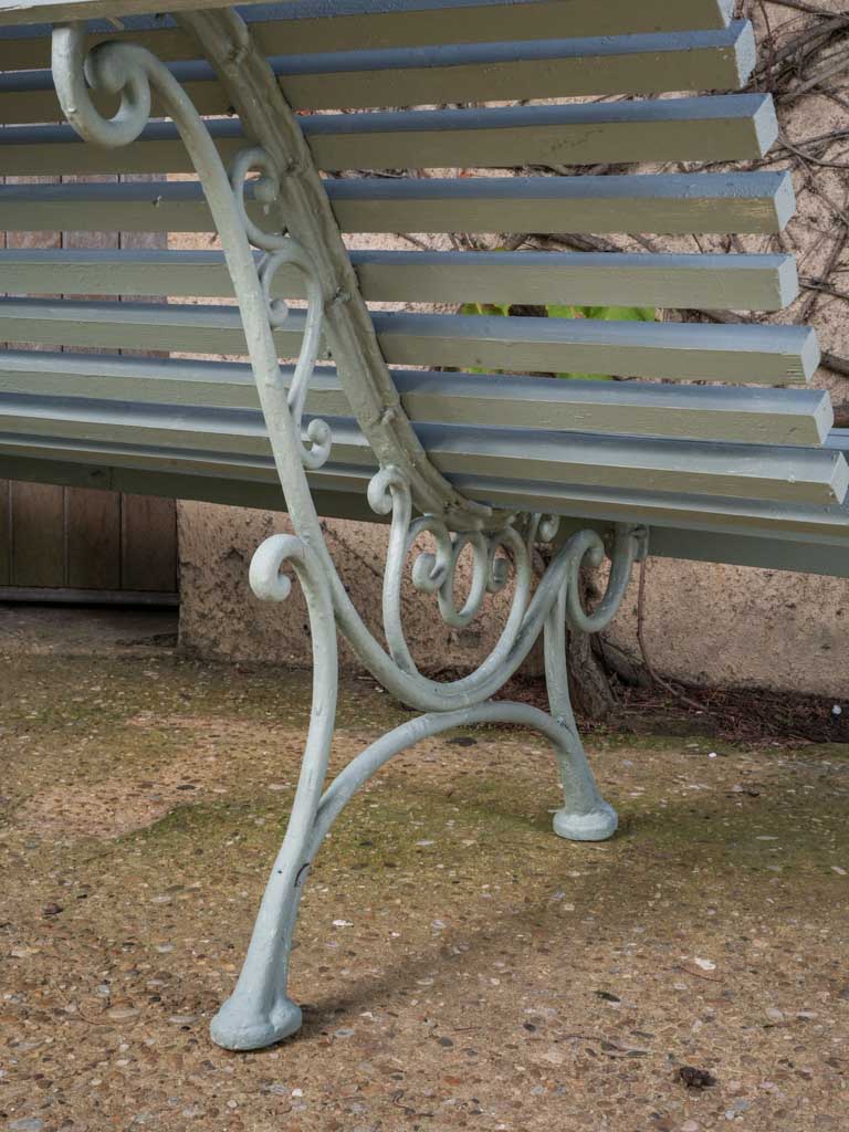 Antique French Wooden Slat & Cast Iron Garden Bench in Sage Green Finish - 82¼"