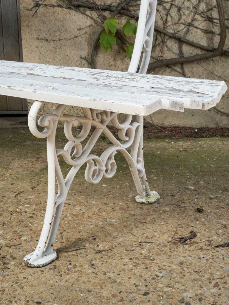 Antique French Cast Iron & Wood Garden Bench w/ Weathered White Finish - 78¾"