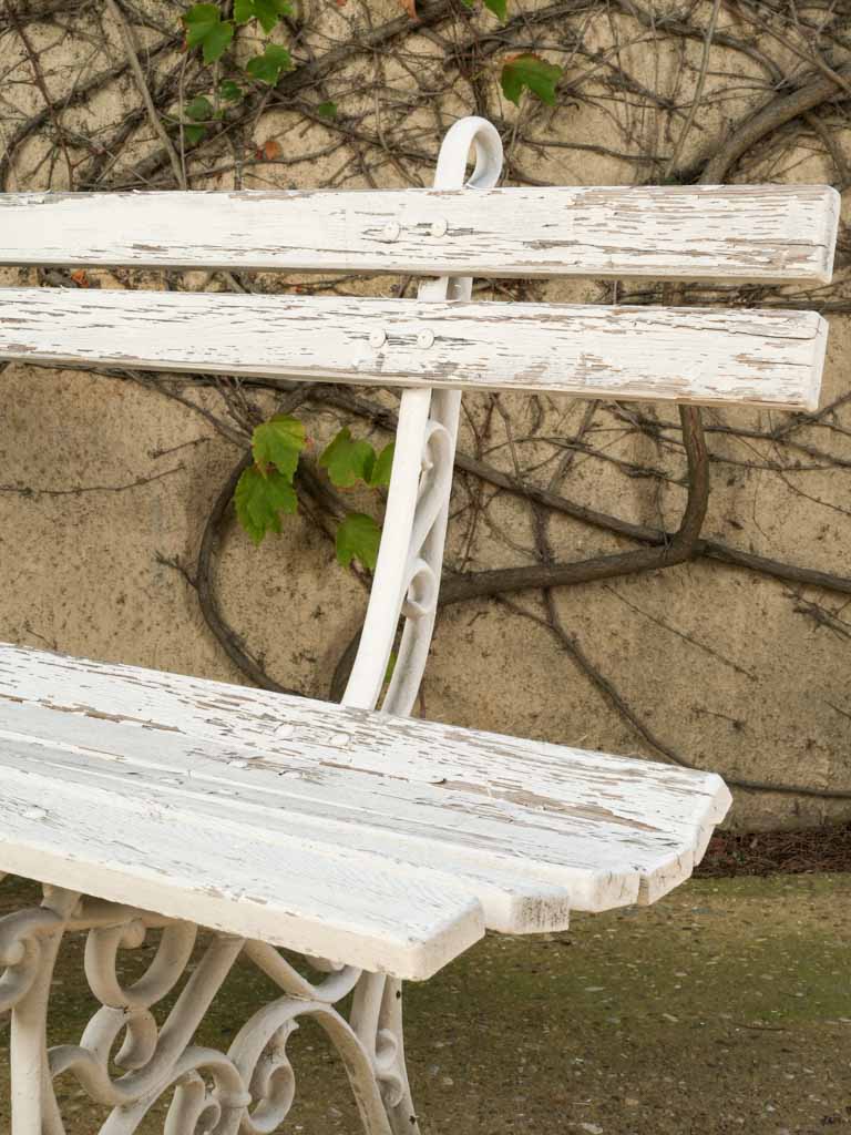Antique French Cast Iron & Wood Garden Bench w/ Weathered White Finish - 78¾"