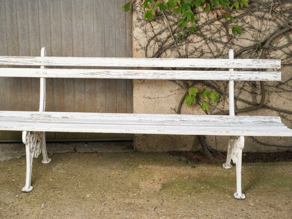 Antique French Cast Iron & Wood Garden Bench w/ Weathered White Finish - 78¾"