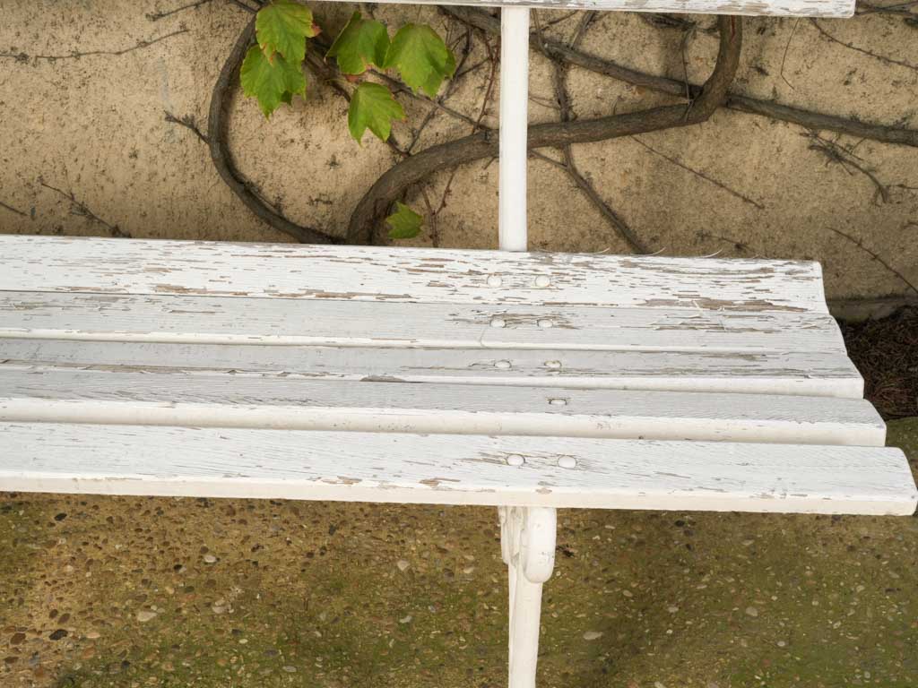Antique French Cast Iron & Wood Garden Bench w/ Weathered White Finish - 78¾"