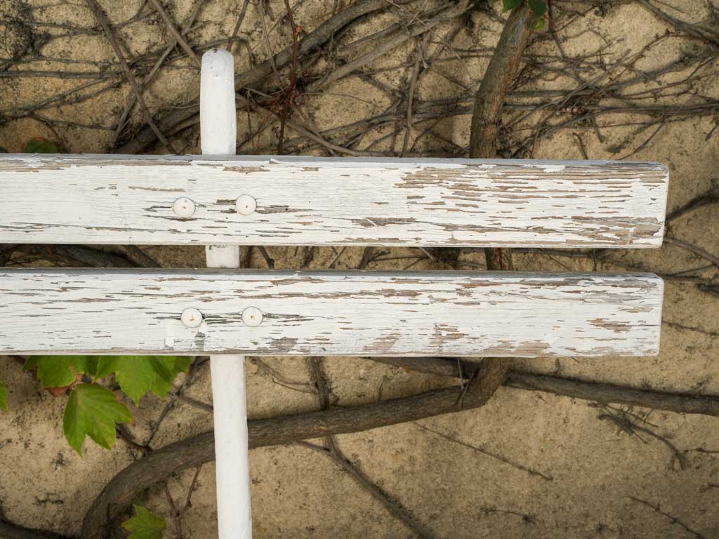 Antique French Cast Iron & Wood Garden Bench w/ Weathered White Finish - 78¾"