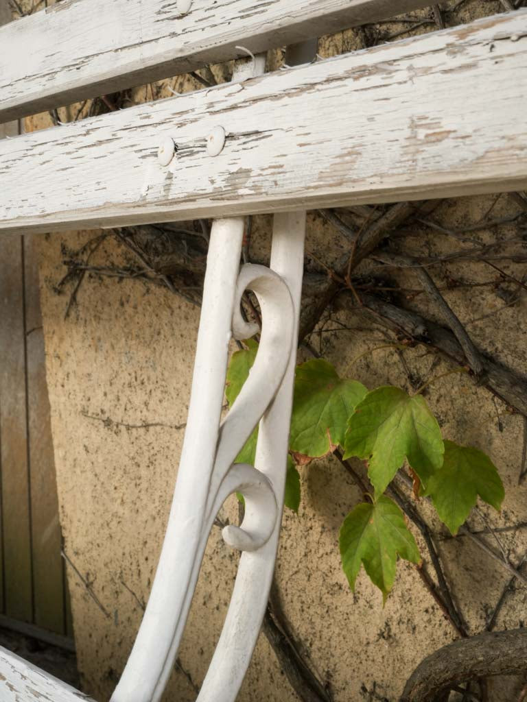 Antique French Cast Iron & Wood Garden Bench w/ Weathered White Finish - 78¾"