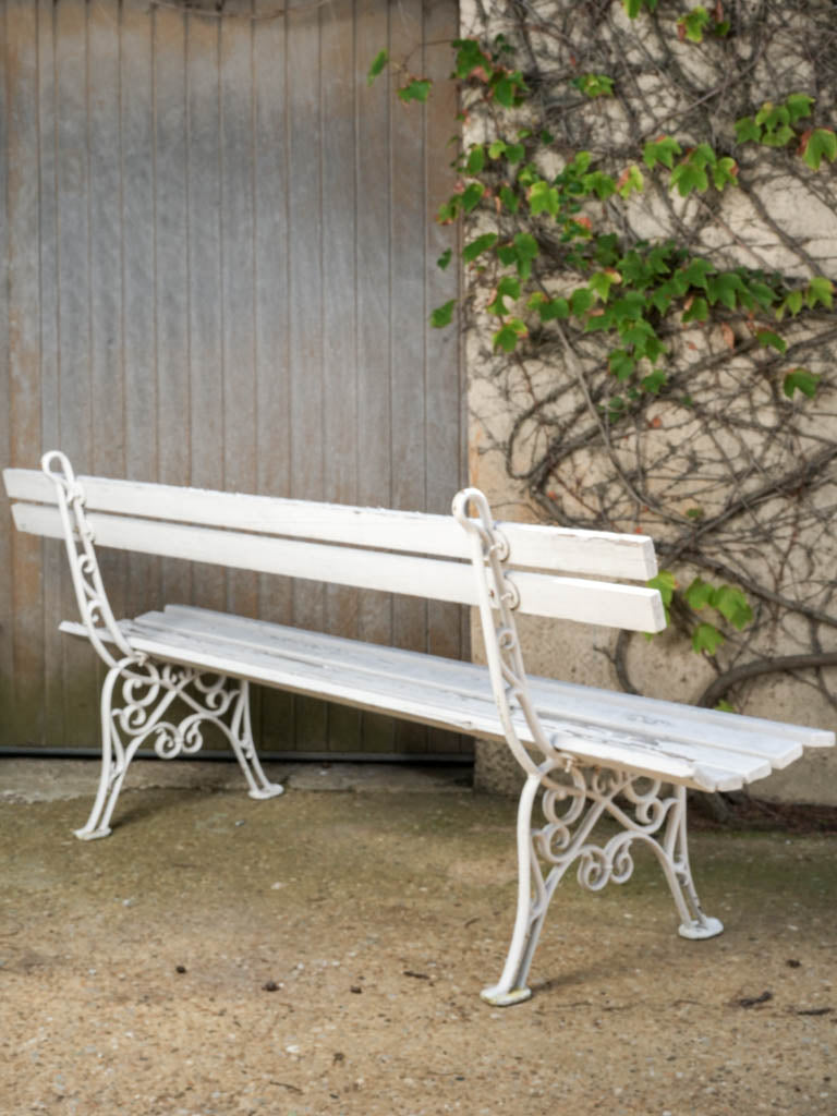 Antique French Cast Iron & Wood Garden Bench w/ Weathered White Finish - 78¾"