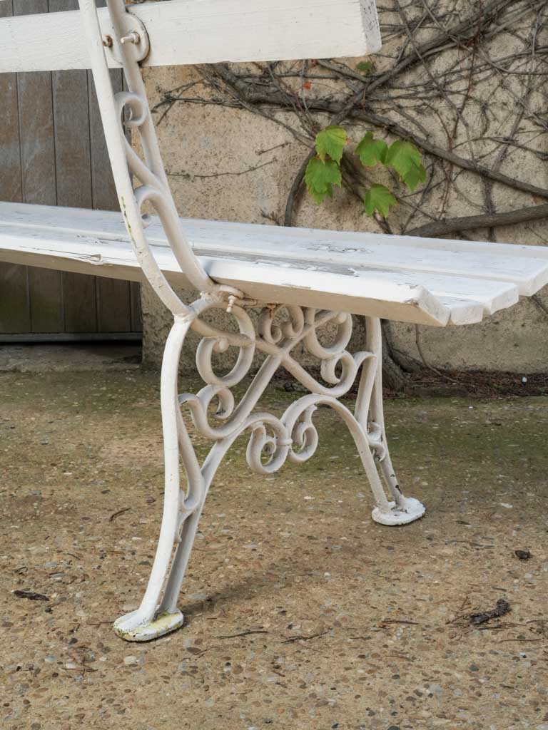 Antique French Cast Iron & Wood Garden Bench w/ Weathered White Finish - 78¾"