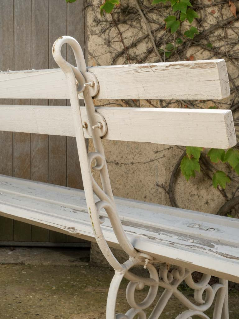 Antique French Cast Iron & Wood Garden Bench w/ Weathered White Finish - 78¾"