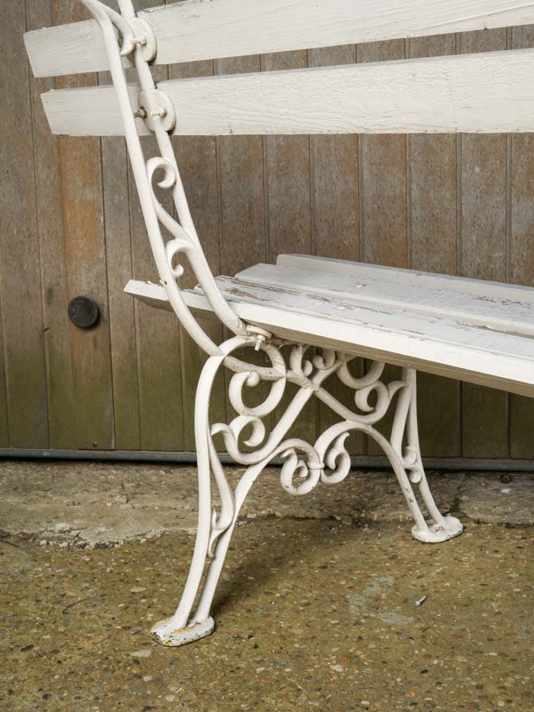 Antique French Cast Iron & Wood Garden Bench w/ Weathered White Finish - 78¾"