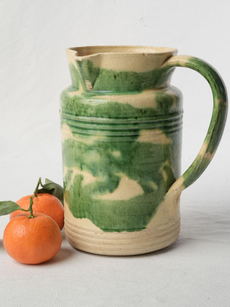 Early 20th Century Dieulefit Pottery Pitcher in Mottled Moss Green Glaze 8"