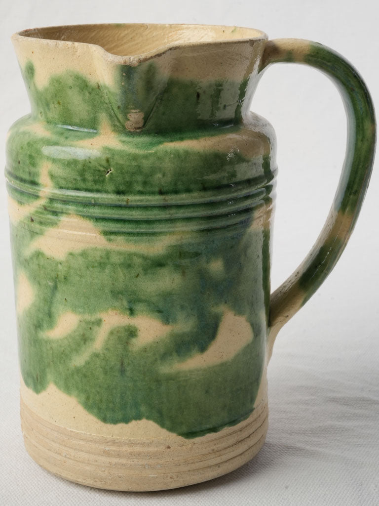 Early 20th Century Dieulefit Pottery Pitcher in Mottled Moss Green Glaze 8"