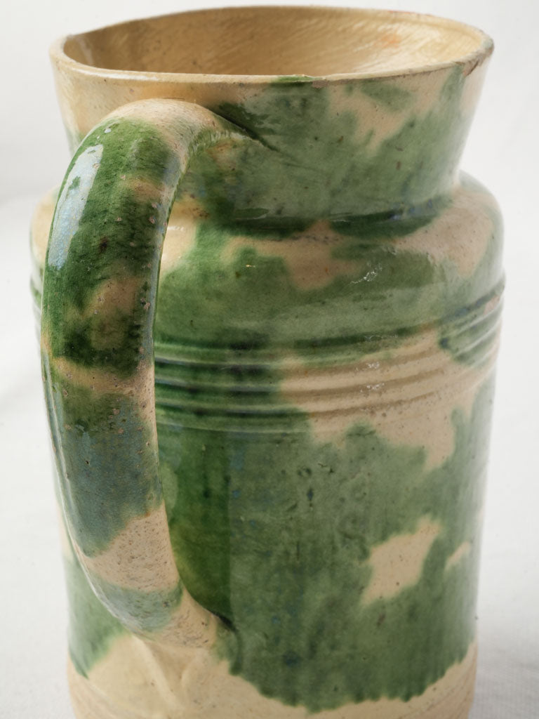 Early 20th Century Dieulefit Pottery Pitcher in Mottled Moss Green Glaze 8"