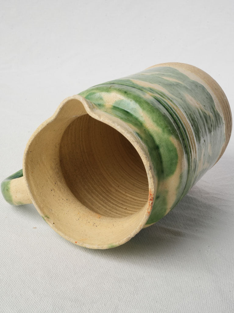 Early 20th Century Dieulefit Pottery Pitcher in Mottled Moss Green Glaze 8"