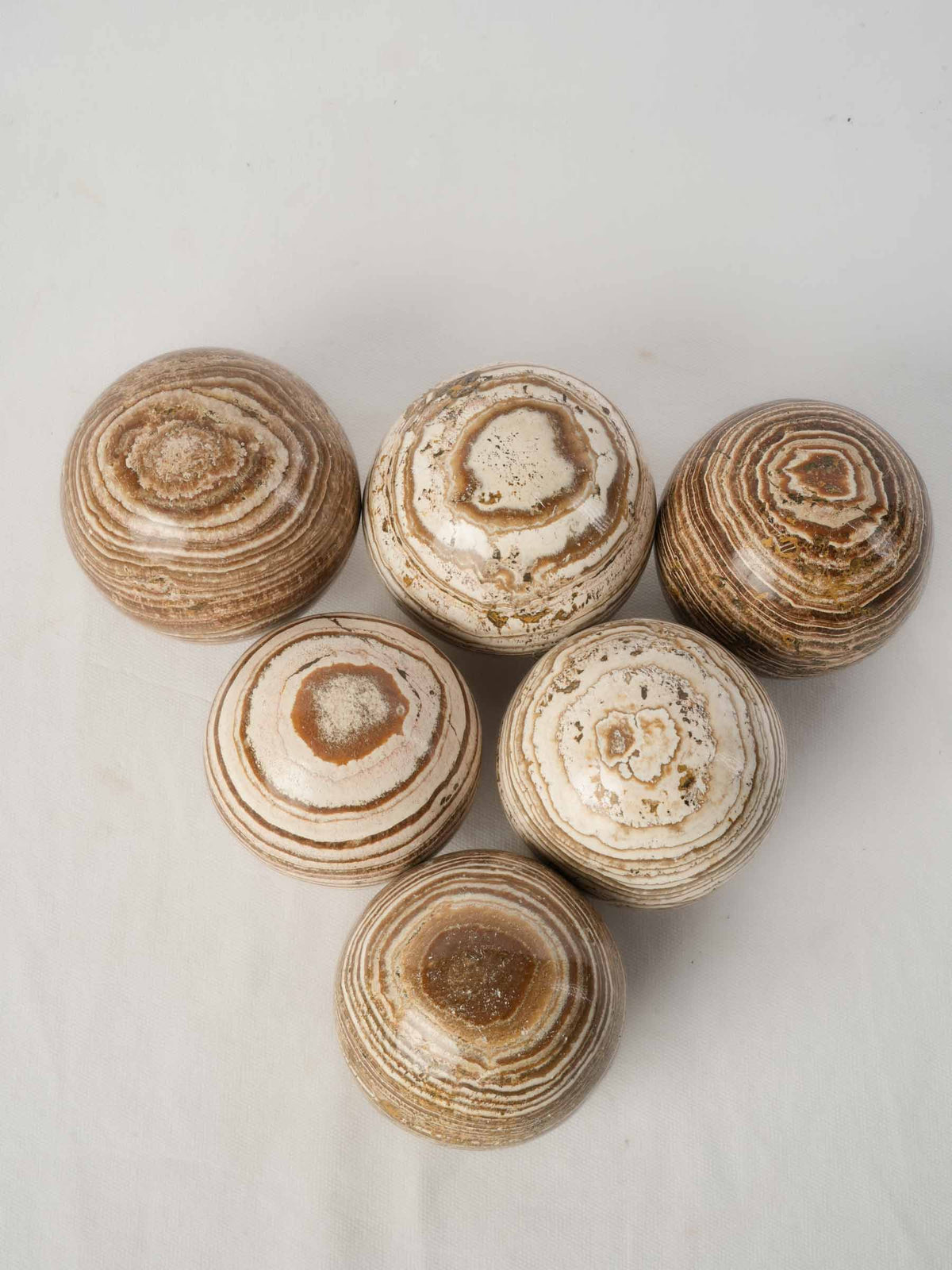 Set of Six Decorative Aragonite Spheres with Striking Natural Banding