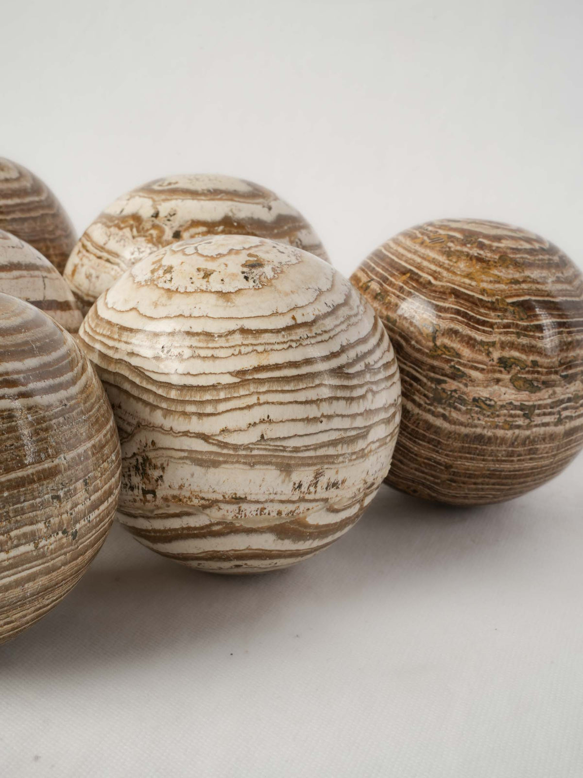 Set of Six Decorative Aragonite Spheres with Striking Natural Banding