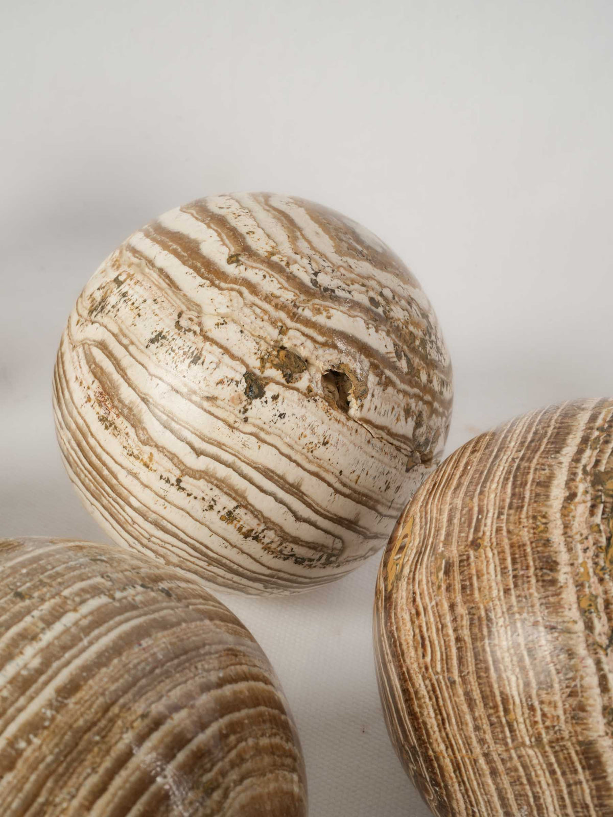 Set of Six Decorative Aragonite Spheres with Striking Natural Banding