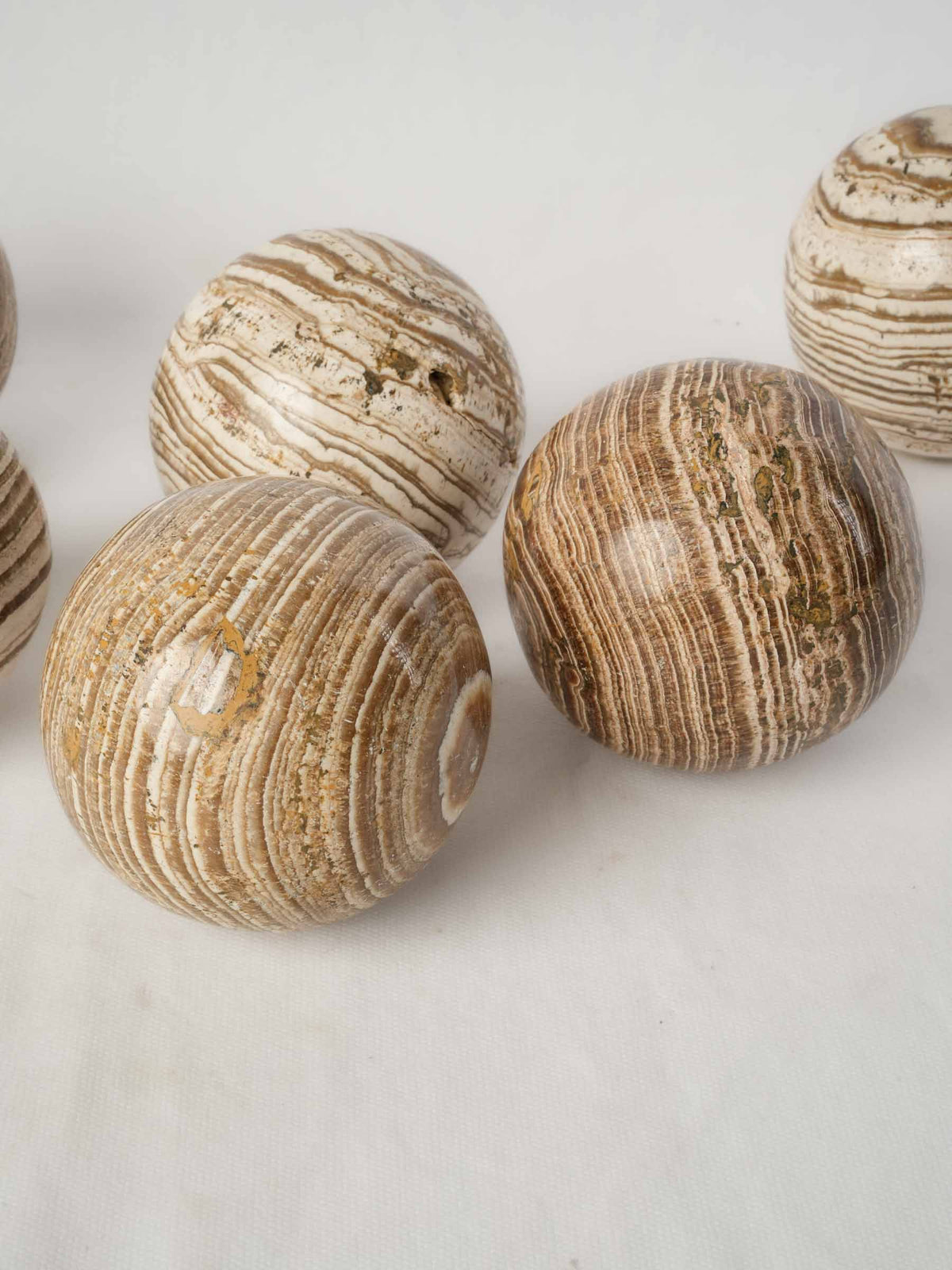 Set of Six Decorative Aragonite Spheres with Striking Natural Banding