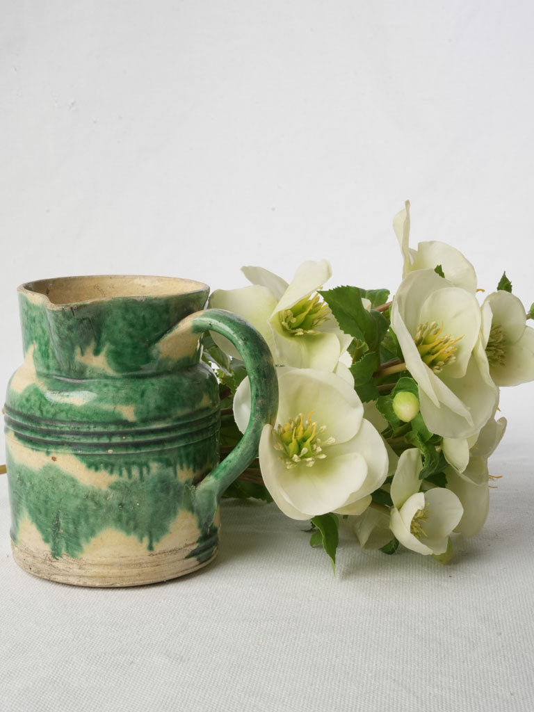 Characterful Dieulefit Pottery Milk Pot w/ Moss Green Glaze Drips - 5"