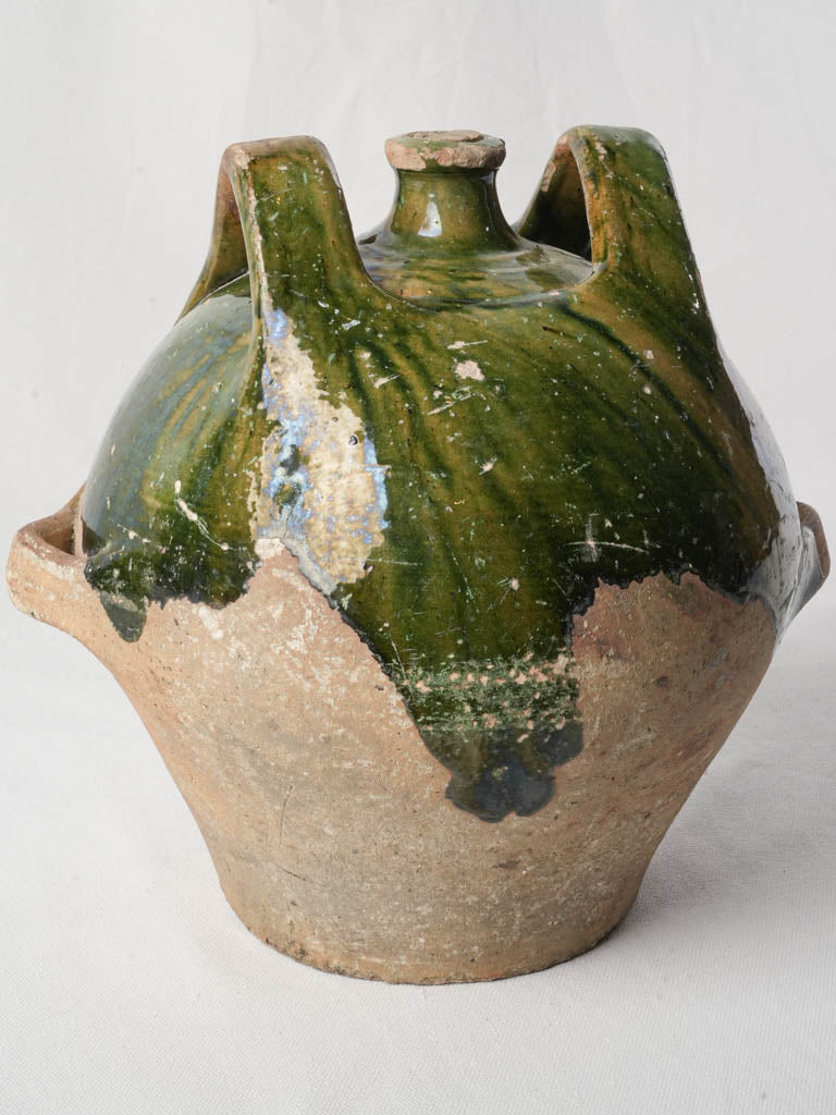 Sculptural French Antique Transport Gourd in Green-Glazed Terracotta - 11¾"