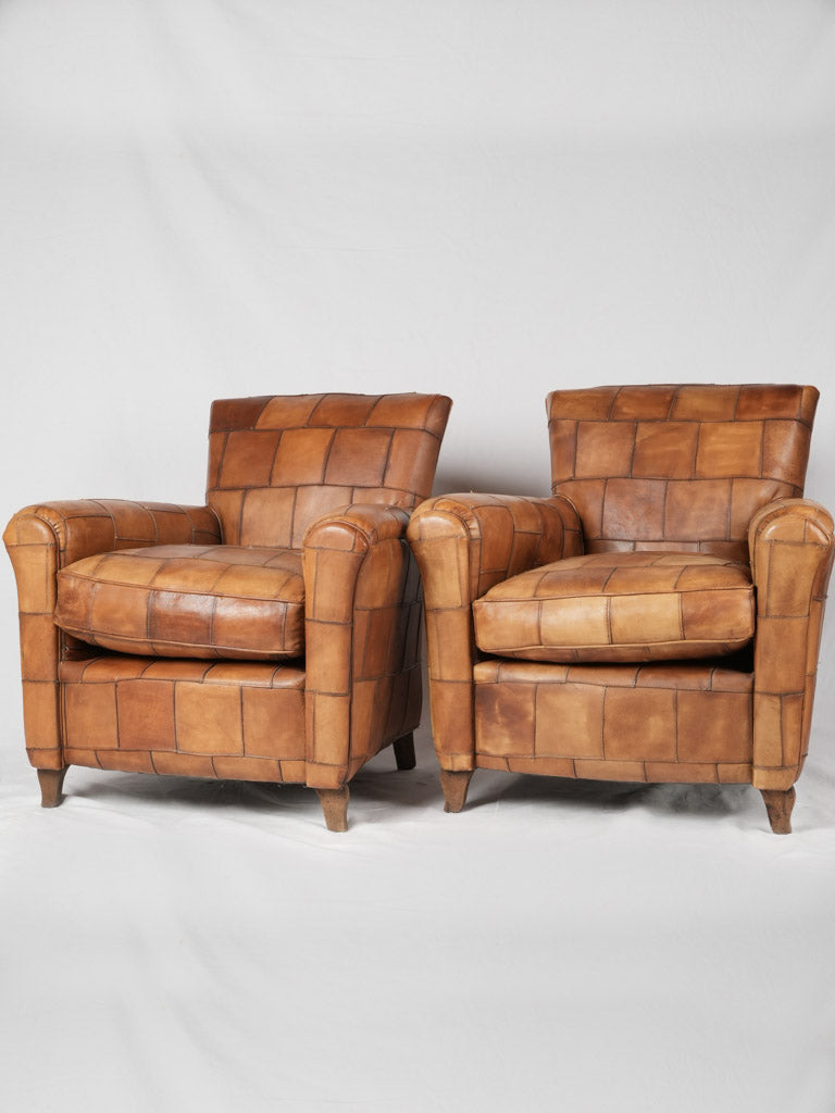 Handmade vintage patchwork leather club chairs