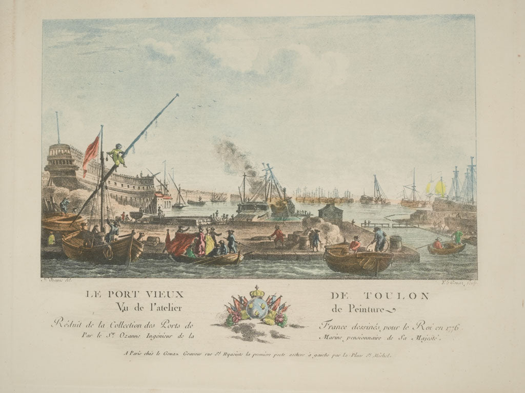 Ornate 18th-century harbor engravings