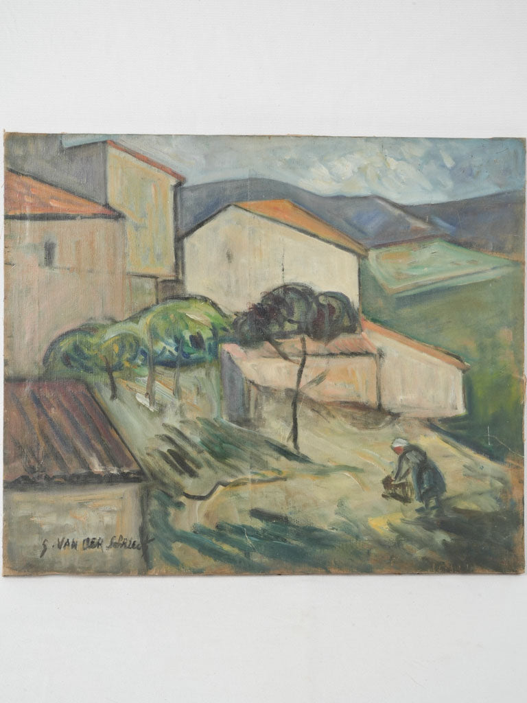 Antique Belgian oil village landscape painting