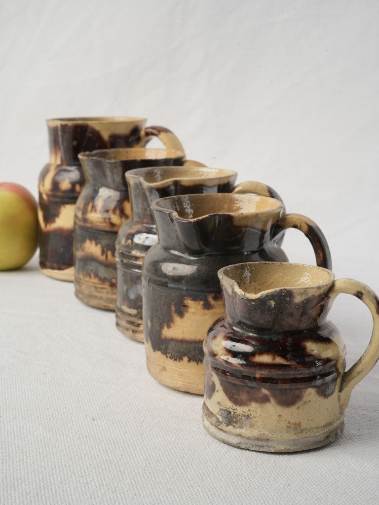 Graduated Set Of Five Early 20th Century Dieulefit Ceramic Pitchers