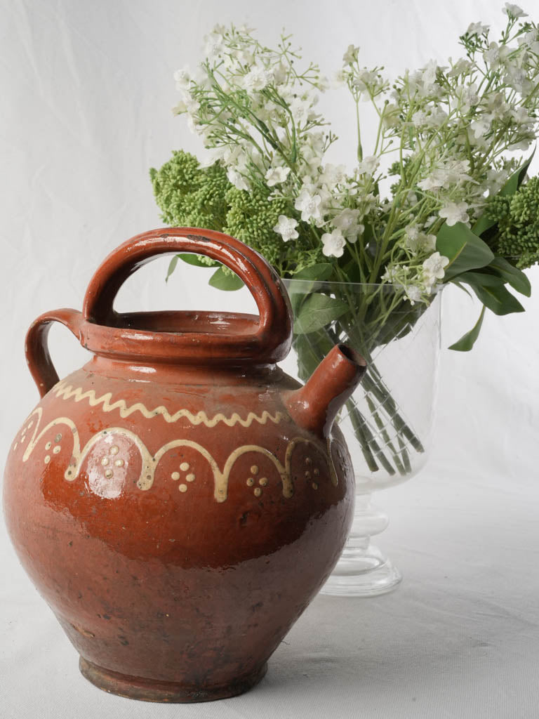 Large Antique Terracotta Water Jug w/ Cream Painted Decoration - 12½"