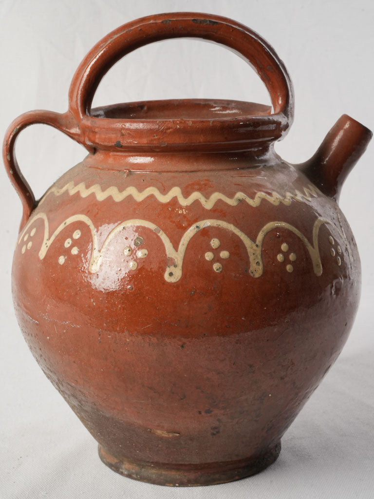 Large Antique Terracotta Water Jug w/ Cream Painted Decoration - 12½"