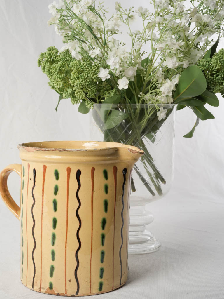 Large Glazed Savoyard Pitcher w/ Polychrome Trailed Decoration Circa 1900 - 8"