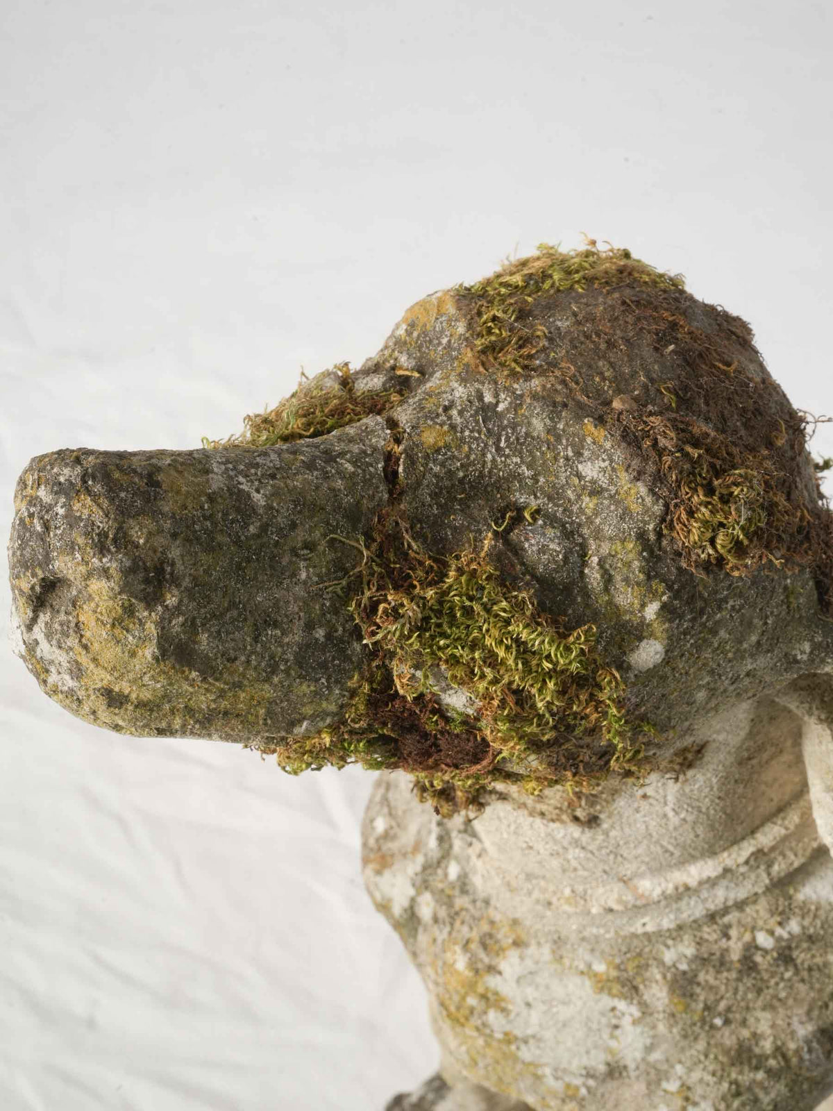 Moss-softened decorative dog statue