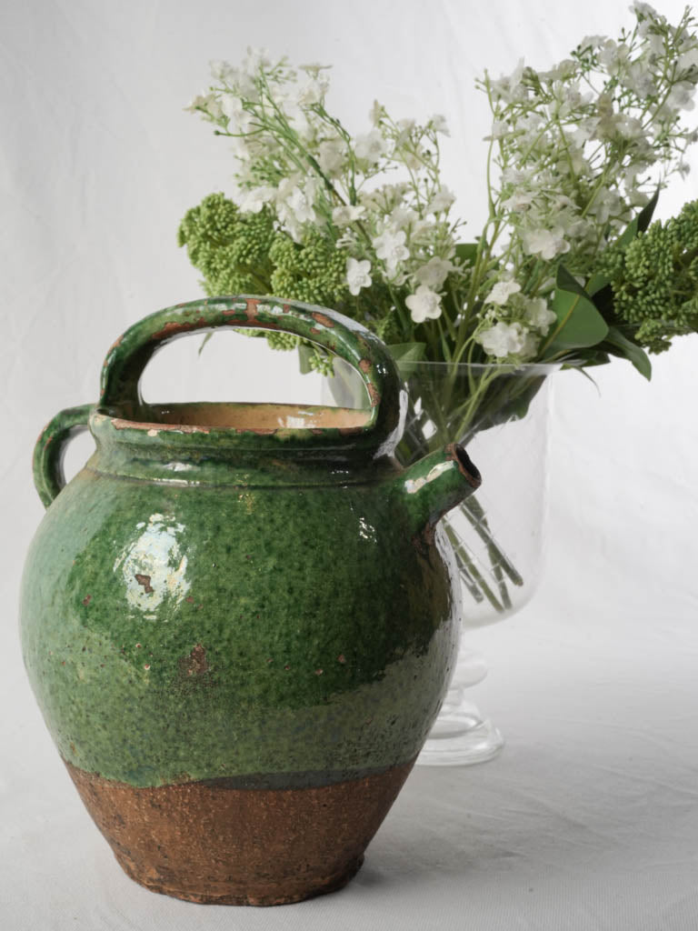 Green-Glazed Terracotta Water Jug w/ Double Handle Circa 1900 - 11½"