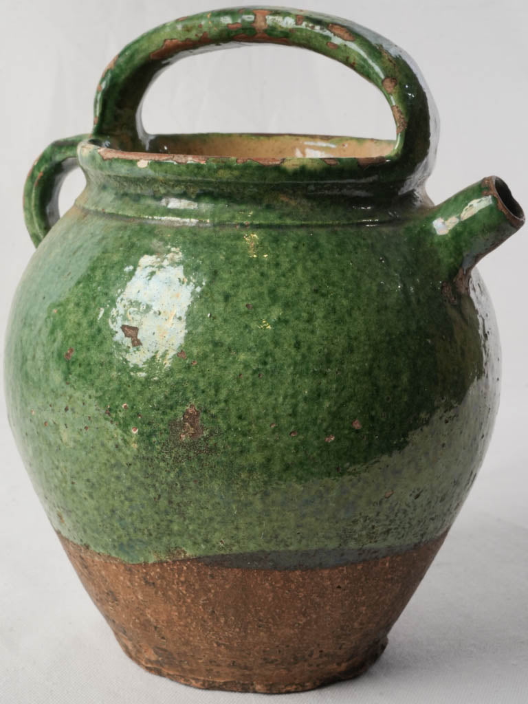 Green-Glazed Terracotta Water Jug w/ Double Handle Circa 1900 - 11½"