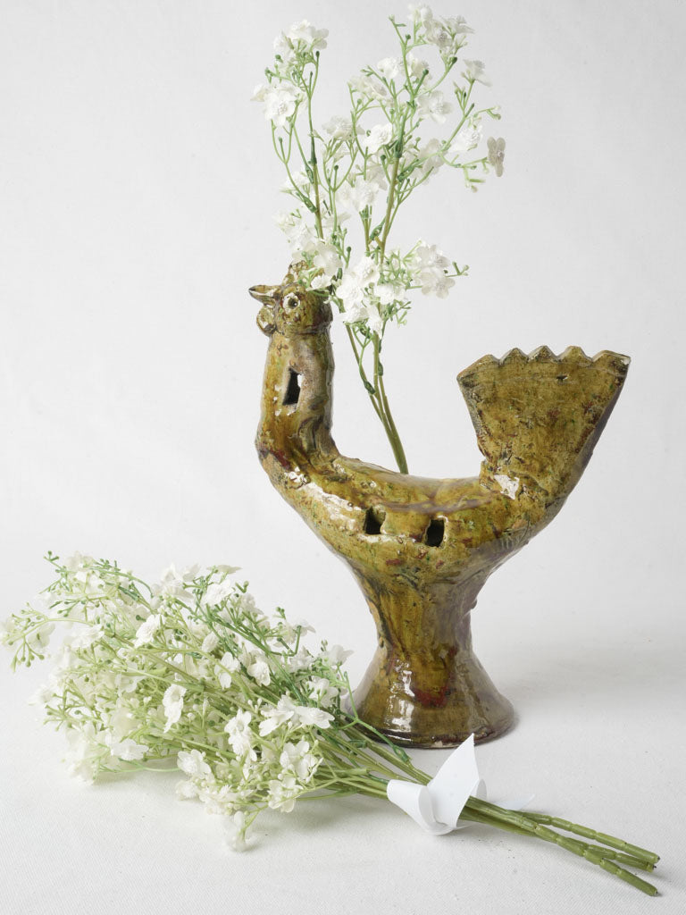 Rustic green glazed hen sculpture