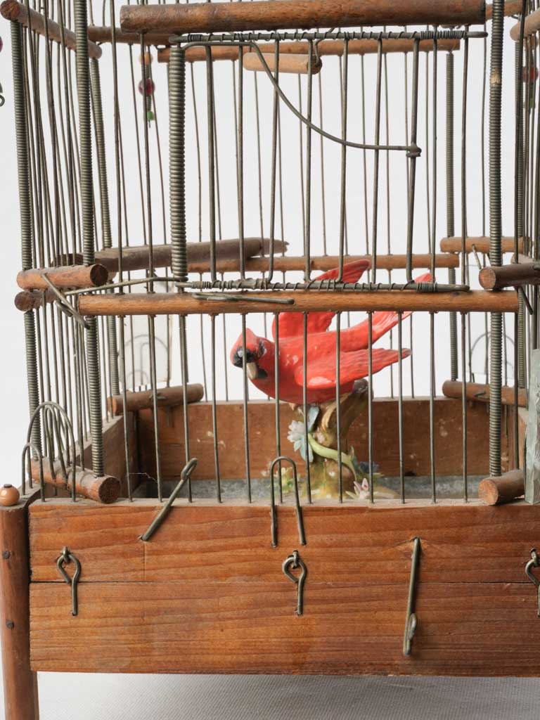 Petite French Wood And Iron Birdcage W/ Ceramic Cardinal Bird Circa 1900 - 22"