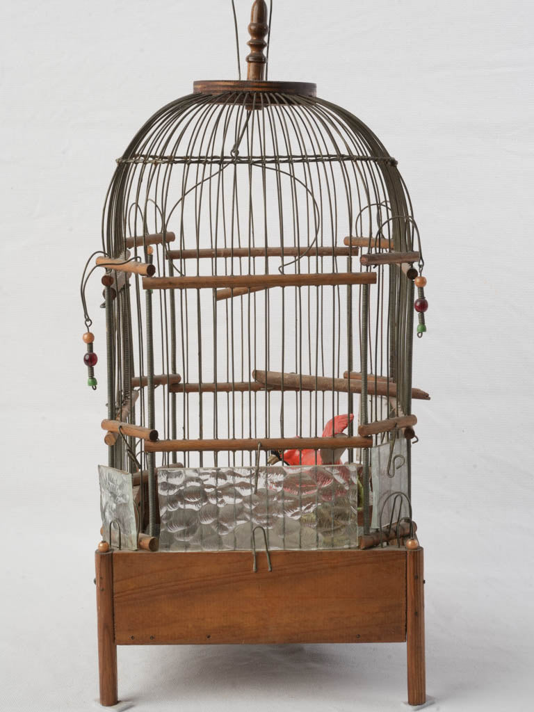 Petite French Wood And Iron Birdcage W/ Ceramic Cardinal Bird Circa 1900 - 22"